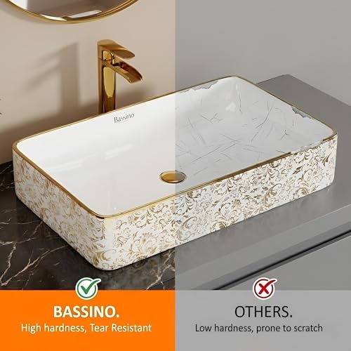 Image of BASSINO 24x14x5 Inches Designer Ceramic Wash Basin /1 Year Warranty /White & Gold Rectangular Table Top-Above Counter Basin for Modern Bathroom Vanity, Restaurants /Stylish Sink for Living Room(Glossy)