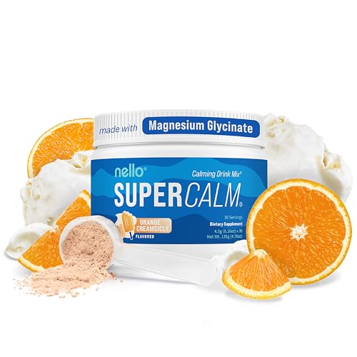 Image of Nello Supercalm Powdered Drink Mix Tub, Cortisol Reducer* and Sleep Aid Supplement, L Theanine, Ksm-66 Ashwagandha, Magnesium Glycinate, Vitamin D 3, No Sugar, Non GMO, 30 Ct, Orange Creamsicle