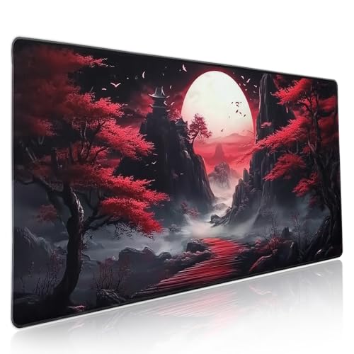 Image of Black Red Japanese Mouse Pad XXL Moon Sakura Cherry BLoosm Tree Extended Table Mat 90X40 cm Non-Slip Rubber Base Stitched Edge Large Mousepad for Gaming Laptop Computer Desk Top 35.4x15.7 Inch