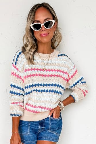 Ecosunny Womens Sweaters Casual Round Neck Long Sleeve Stripe Eyelet Patterned Drop Shoulder Sweater Lightweight Pullover Top4