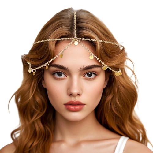 JIYIN Gold Head Chain, Boho Sequin Head Chain Elegant Exquisite Prom Headpiece Hair Chains Gypsy Accessories for Women Fashion Headband Hair Jewelry for Women and Girls