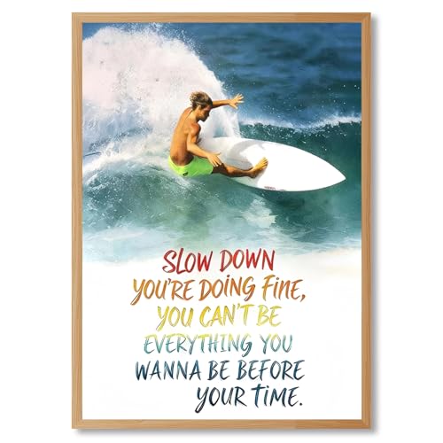 Qcrpnhy Vintage Surfing Poster 1990 Retro Surf Wall Art Inspirational Canvas Print Motivational Wave Rider Pictures Classic Ocean Beach Decor for Surfer Home Living Room Office 8x12inch Wooden Frame