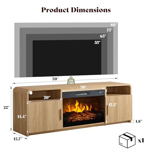 Image of AMERLIFE 70 inch Fluted Fireplace TV Stand for TVs Up to 80 inch, Modern TV Console with 30 inch Electric Fireplace & Storage Cabinets, Media Entertainment Center for Living Room, Natural Oak