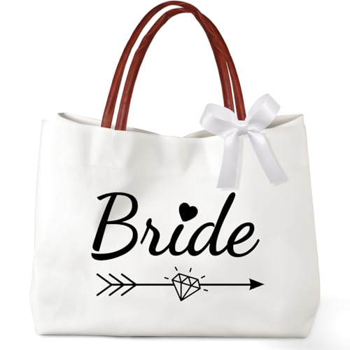 MGupzao Bride Bag - Canvas Tote Bag for Bride, Large Tote Bag with Silk Scarf Utility Bag for Bachelorette Party Favors White