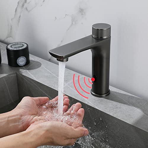 Mitigeur de salle de bain automatique gris avec détection mains libres et finition haut de gamme