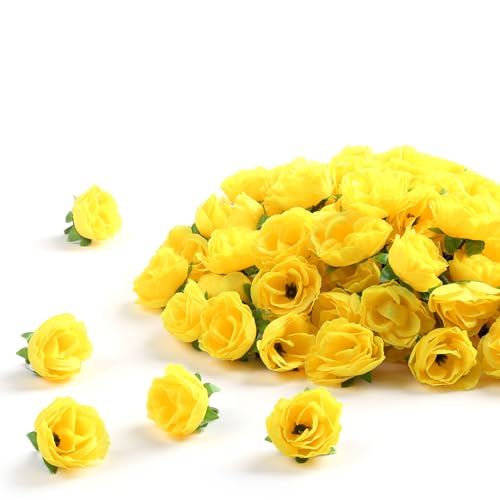 SITUMEIZI 100 Pcs 1.3 inches Mini Rose Head Artificial Roses Fake Silk Flower Yellow for Home Wedding Bouquet Flower Wall Garden DIY Party Birthday Decor