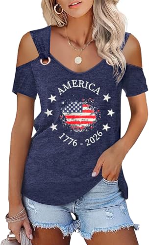 Women's 1776-2026 American Anniversary Shirt Independence Day USA Flag Stars Graphic Hollow Out Sweet O Ring Shoulder Tee Summer Patriotic Tops(M,H-Blue)