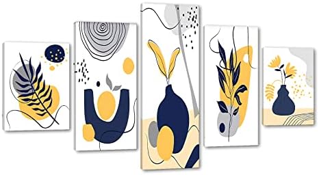 5 Pieces Boho Wall Art Decor - Minimalist Floral Canvas Print Mustard Yellow, Navy Blue & Grey Flower Plant Abstract Shapes Illustrations Painting Modern Boho Pictures Artwork for Home Framed (60"Wx32"H)