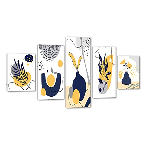 5 Pieces Boho Wall Art Decor - Minimalist Floral Canvas Print Mustard Yellow, Navy Blue & Grey Flower Plant Abstract Shapes Illustrations Painting Modern Boho Pictures Artwork For Home Framed (60"Wx32"H) #TOP3