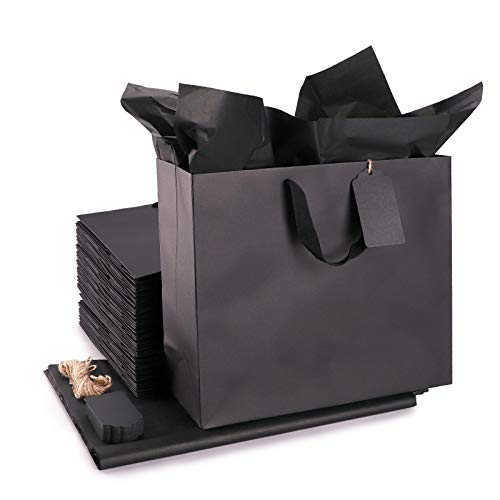 Kraft Tags & Paper Bags & Wrapping Tissue Paper, EUSOAR Packaging 3in1 Group, 12.5 x 4.5 x 11.0" Kraft Bags 10pcs, Tissue Paper 100pcs, Kraft Tags with Strings 100pcs, for Storing Merchandise-Black