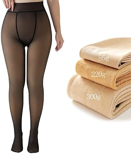 NTSWZYS Fake Translucent Warm Fleece Pantyhose Women Fleece Lined Pantyhose Thermal Winter Tights (220g/ (Thin Fleece),BlackUpSize)