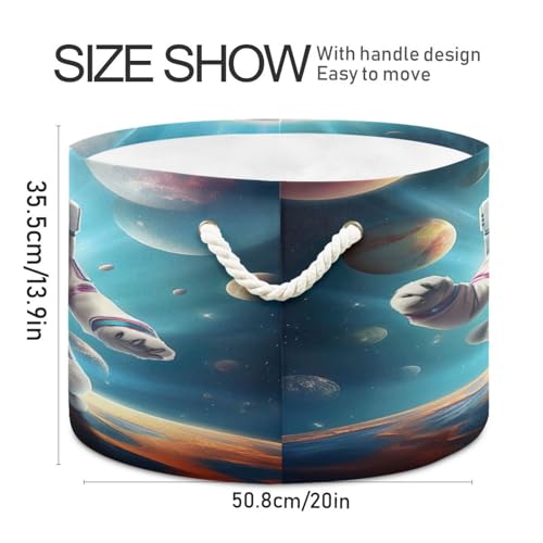 Round Cute Space Astronaut Cat Storage Basket Large Organizer Bin Laundry Hamper Toy Storage Basket with Handle for Nursery Clothes Toys 202b5001