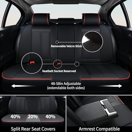 Image of FLORICH Car Seat Cover Full Seats with Waterproof Leather, Car Seat Protectors with Storage Pocket, Airbag Compatible, Universal Seat Cover Fit for SUV, Sedan, Vans, Trucks- Black&Red Line