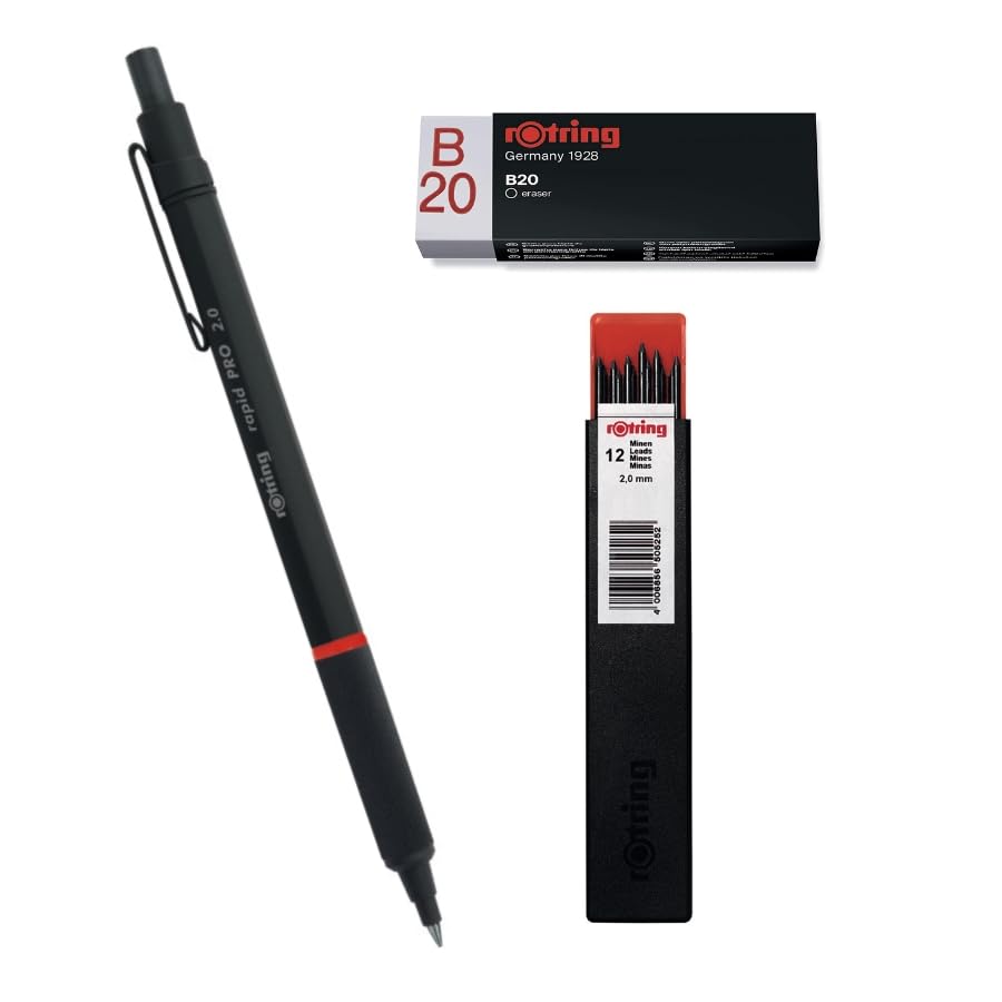 rOtring Rapid Pro - Portaminas HB de 2,0 mm, barril de metal completo negro mate, juego de recambios de minas de portaminas Tikky, 2 mm, 12 unidades, borrador B20