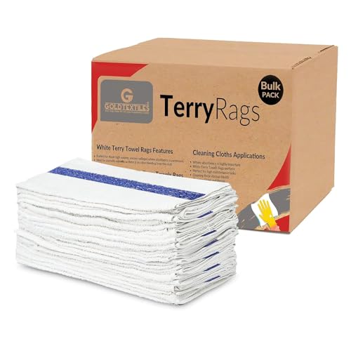 GOLD TEXTILES White Shop Towels Cotton [B Grade Towel] - Pcs 22x44 Inches Shop Rags in a Box - Valuable Cleaning Rags Terry Towel for Industries, Automobiles and Commercial Use (120 Rags)