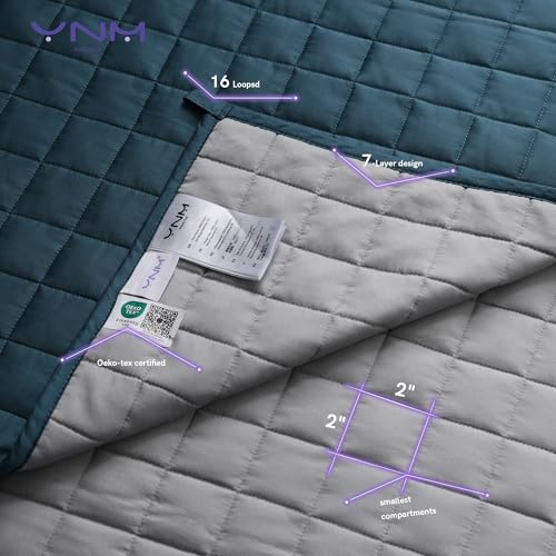 Image of YnM Exclusive Weighted Blanket, Soothing Cotton, Smallest Compartments, Bed Blanket for One Person of 190lbs, Ideal for Queen /King Bed (60x80 Inches, 20 Pounds, Peacock /Grey Reversible)