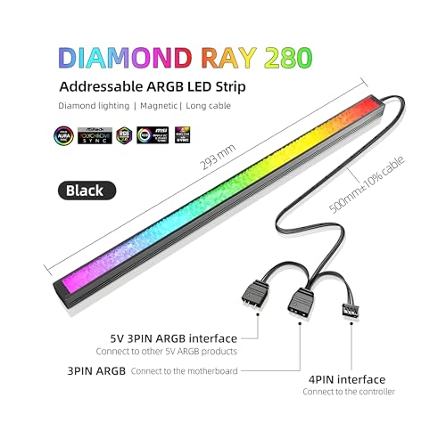 Image of ARGB LED Light Bar 280mm - Diamond-Cut Acrylic RGB Light for PC Cabinet | 5V 3-Pin Addressable Sync | Magnetic Ambient Lighting for Gaming Setup (Set of 1)