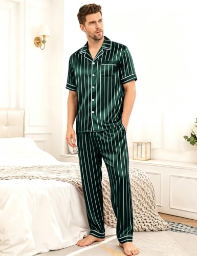 Image of SWOMOG Mens Satin Pajama Set Short Sleeve Classic Sleepwear Button Down Silky Loungewear with Long Pants