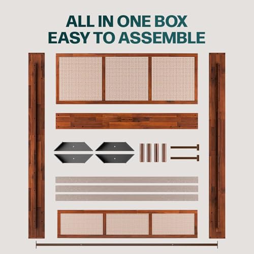 Image of Bme Nancy Signature Bed Frame, Queen Bed Frame and Headboard Unique Geometric, Mid Century Modern, Solid Acacia Wood, No Box Spring Needed, 12 Strong Wood Slats Support, Easy Assembly, Dark Chocolate