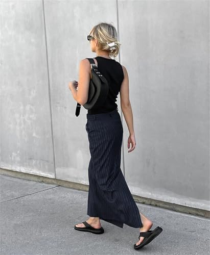 Women Office Zipper Long Skirts Stripe Straight Skirt Casual Twill High Waist Skirts4