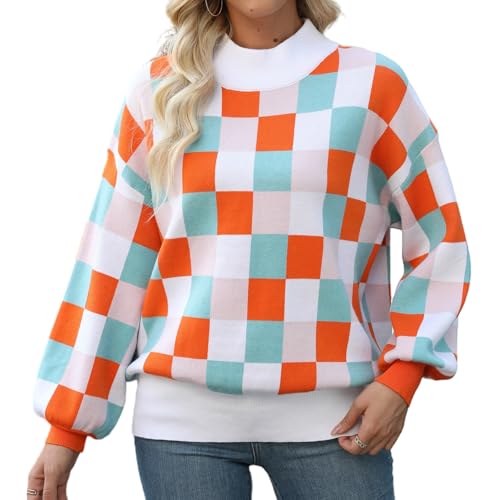 Image of Spring Sweaters for Women, Women's Long Sleeve Turtleneck Stripes Plaid Trendy Oversized Ribbed Knit Pullover Sweater