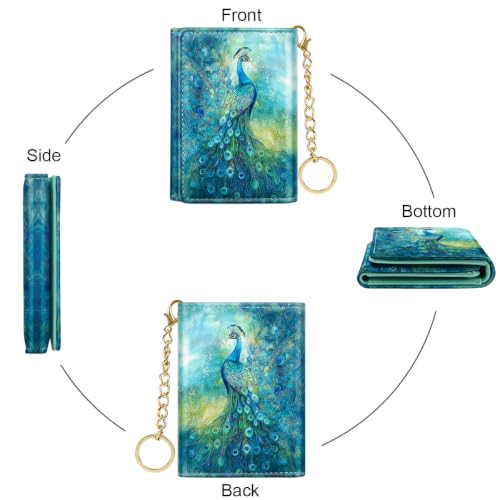 Image of Peacock Small Wallet Women, RFID Blocking Trifold Wallet, Cute Credit Card Holder with Kaychain, Credit Card Wallets, Vegan Leather, 7 Card Slots, ID Window, Wallets for Women Ladies Girls