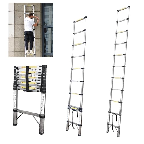 JADDUO Telescoping Ladder,10.5 FT Extension Ladder,Stainless Lightweight Telescopic Ladder with 2 Triangle Stabilizers, Telescoping Attic Ladder RV Ladders for Travel,Collapsible Ladders for Home