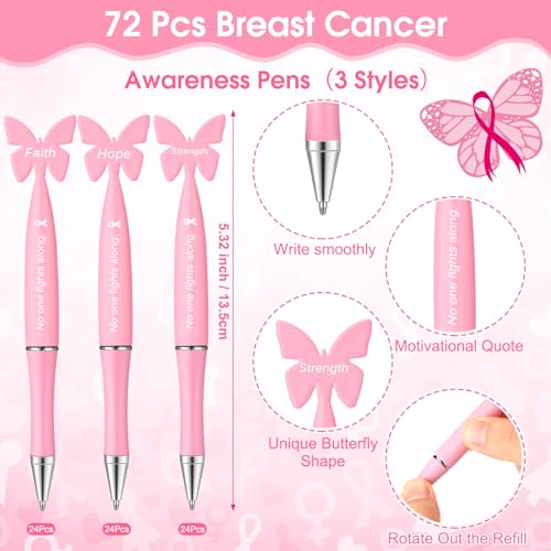 72 Set Breast Cancer Awareness Gift Include No One Fights Alone Pens Pink Ribbon Butterfly Pin Faith Inspirational Card Breast Cancer Awareness Supplies Be Aware Survivor Gift2
