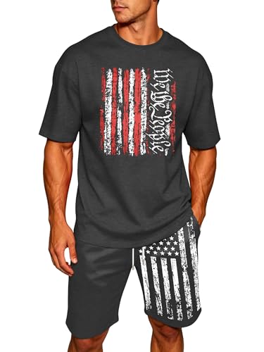 Image of Ithalt Patriotic Shirts for Men 4th of July Outfit 2 Piece Set Short Sleeve and Shorts American Flag 250th Anniversary