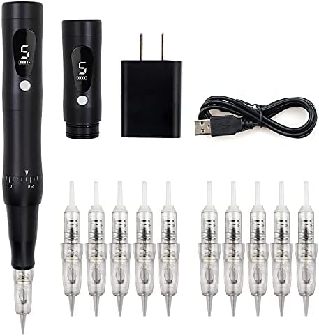 Guapa Black Permanent Makeup Machine Rotary Brow Tattoo Machine with 2pcs Batteries 5 Speed LED Display Low Noise with 10pcs Needle Cartridges (Black Machine+10pcs Needles)