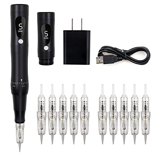Guapa Black Permanent Makeup Machine Rotary Brow Tattoo Machine With 2Pcs Batteries 5 Speed Led Display Low Noise With 10Pcs Needle Cartridges (Black Machine+10Pcs Needles) #TOP4