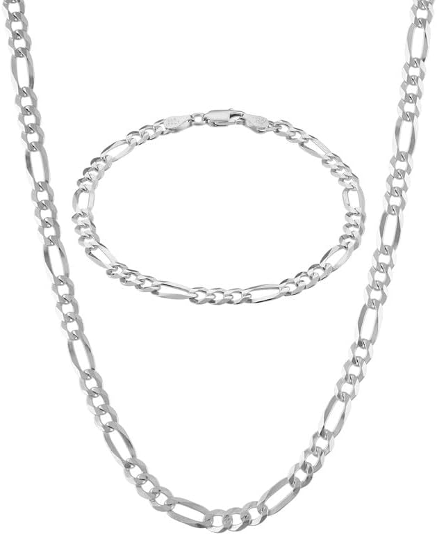 KISPER Italian 925 Sterling Silver Diamond Cut 5mm Figaro Link Chain Necklace & Bracelet Set - 22" Necklace & 7" Bracelet - Made in Italy