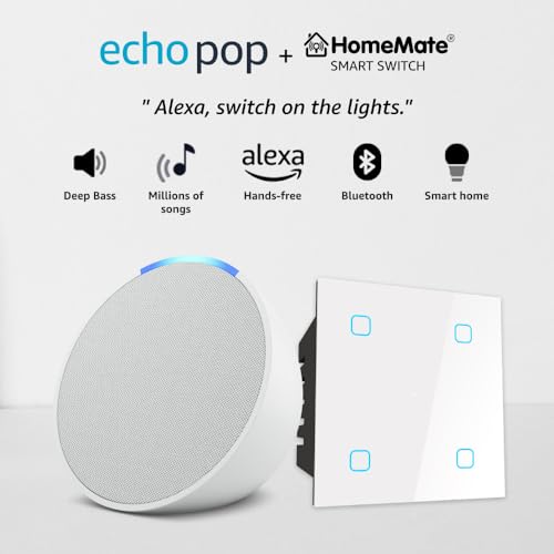Image of Amazon Echo Pop (White) Combo with HomeMate Wi-Fi Smart 4 Gang Touch Switch (White)