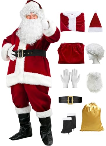 Santa Claus Costume for Men Adult, 9pc. Christmas Deluxe Santa Suit Outfit