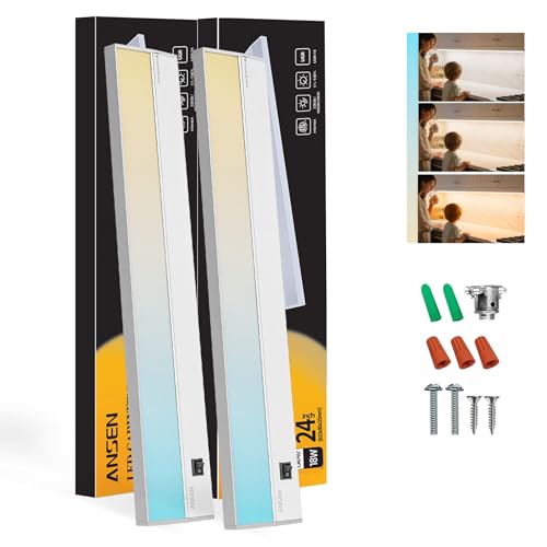 Ansen 2Packs of Under Cabinet Lighting Hardwired, 24in 18W 1237LM Dimmable Led Light for Kitchen/Closet, CRI>92, R9>90, 3 Color Temperature, 3000K/4000K/5000K(Warm White, Cool White, Daylight)