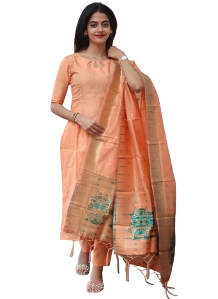 prehomshine Peach Silk Kurta Pant with Dupatta Set, Embroidered Banarasi Dupatta, Ethnic Wear for Women-picture-38
