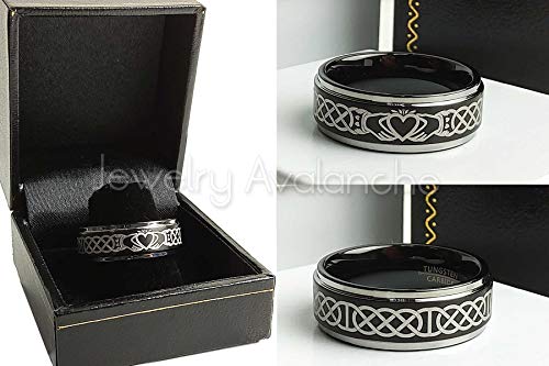 Mens Celtic Claddagh Tungsten Ring -8mm Brushed Finish Black IP & Gunmetal Stepped Edge Comfort Fit Tungsten Carbide Wedding Band3