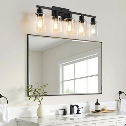 Image of MOKATNG 5-Light Bathroom Light Fixtures, Vanity Light with Clear Glass Shades, Matte Black Bathroom Light Fixtures Over Mirror, Modern Bathroom Wall Lamp for Mirror Living Room Cabinet Bedroom