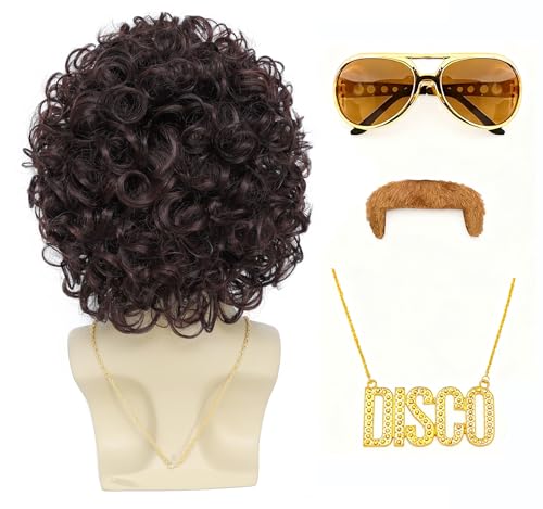 Image of Mens Short Afro Wig,70s Outfits for Men,70s Wigs for Men,Pelucas Para Hombres,80s Disco Costumes wig (Medium Brown)