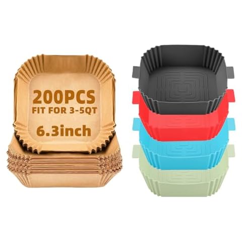 200Pcs 6.3 inches Air Fryer Paper Liners for 3-5QT and 4Pcs 7.5 in Silicone Air Fryer Liners for 3 to 6 Qt,LYHOLKEER Square Air Fryer Liners Disposable Easy to Clean Food Safe Non-Stick Waterproof Cover