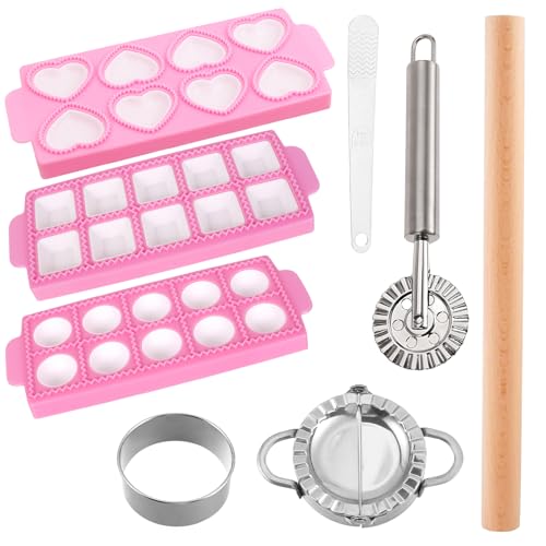 Krbnk Ravioli Mold Maker Kit - 3 Rectangle Ravioli Press + Dumpling/Pasta Cutter, Round Ravioli Cutter, Rolling Wheel, Dough Rolling Pin - Complete Pasta Making Tools for Ravioli Empanada