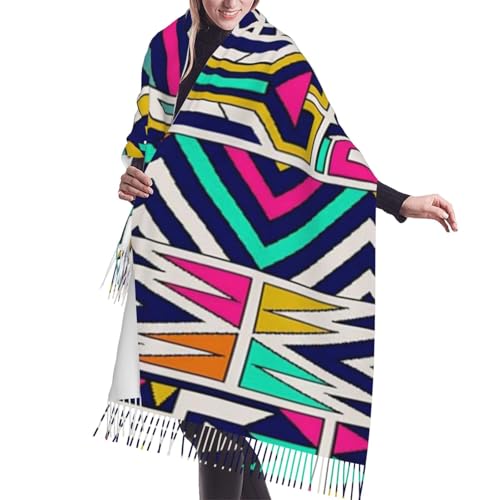 HJMYAQL Retro Colors Tribal Vector Seamless Ndebele Pattern Faux Cashmere Printed Blanket Scarf, Women All Season Fringe Casual Shawl