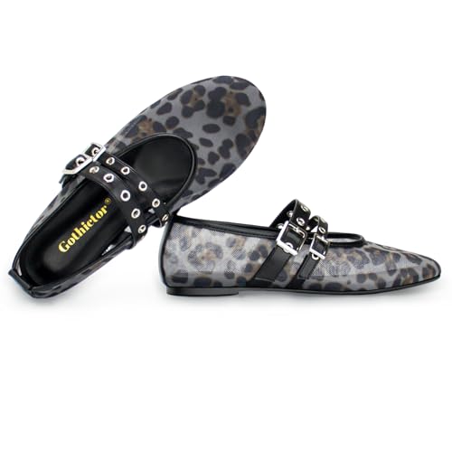 Image of Gothictor Women's Mesh Ballet Flats Round Toe Leopard Mary Jane Shoes Women | Cushioned Comfort, Easy to Style, Buckle Strap, Cheetah Print, Ballerina, Breathable, Wide Width, Non-Slip, Dressy Casual