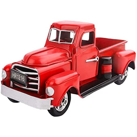 Fleecy day Red Truck Boxes Pickup Tree Flowers Decor Handcrafted Red Metal Truck Car Model for Christmas Decoration Table Decoration Cover