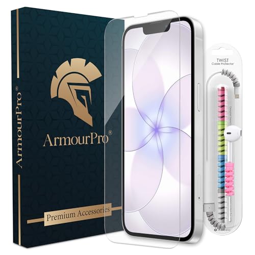 Image of ArmourPro Military-Grade Borderless Tempered Glass for iPhone 17E, 16E, 14 and iPhone 13 (6.1 Inches) with Edge to Edge Protector Coverage, Cable Protector and Easy Installation Kit | Anti Dust Mesh Filter