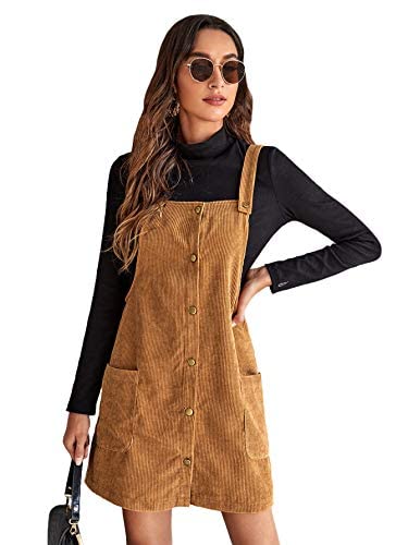 FloernsWomen's Corduroy Button Down Pinafore Overall Dress with Pockets Brown