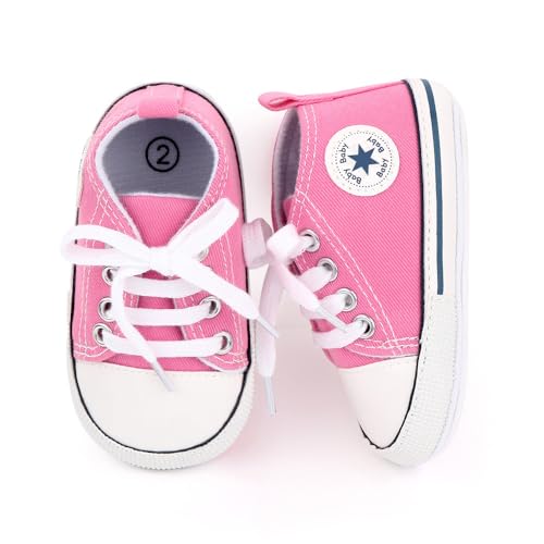 Image of Unisex Baby Boys Girls Shoes, Newborn Infant Non-Slip Canvas Denim High Top Sneakers, Toddler First Walkers Shoes