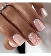 24pcs Press on Nails Short Square Fake Nails Nude Pink Glue on Nails Glittery Stick on Nails Remo...