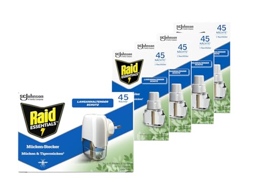 Raid Essentials Mücken-Stecker Starter Set + 5 Nachfüller, Elektrischer Mückenschutz für Innenräume, Insektenabwehr gegen Mücken, geruchlos & einfach in der Anwendung