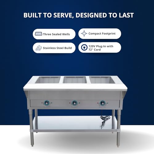 fse 373-est-3sw stainless steel electric steam table with 3 wells 30-58 x 48 x 34-38 poly cutting board and stainless steel undershelf
